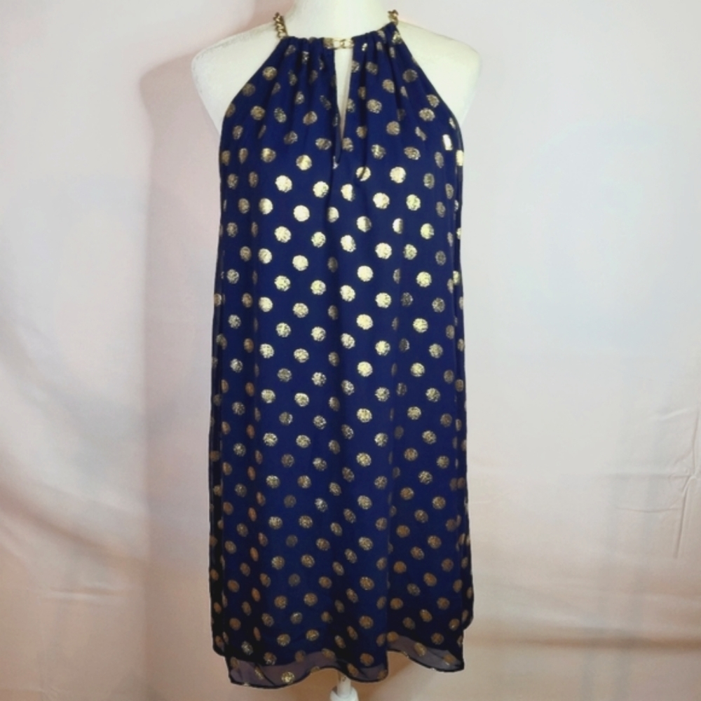 Joseph Ribkoff Polka Dot Dress Size 4 Navy Gold Chain Neck Sleeveless